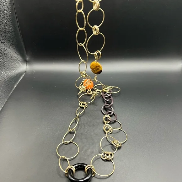 Gold Tone Chain Necklace with Orange and Brown Accents - Picture 2 of 3